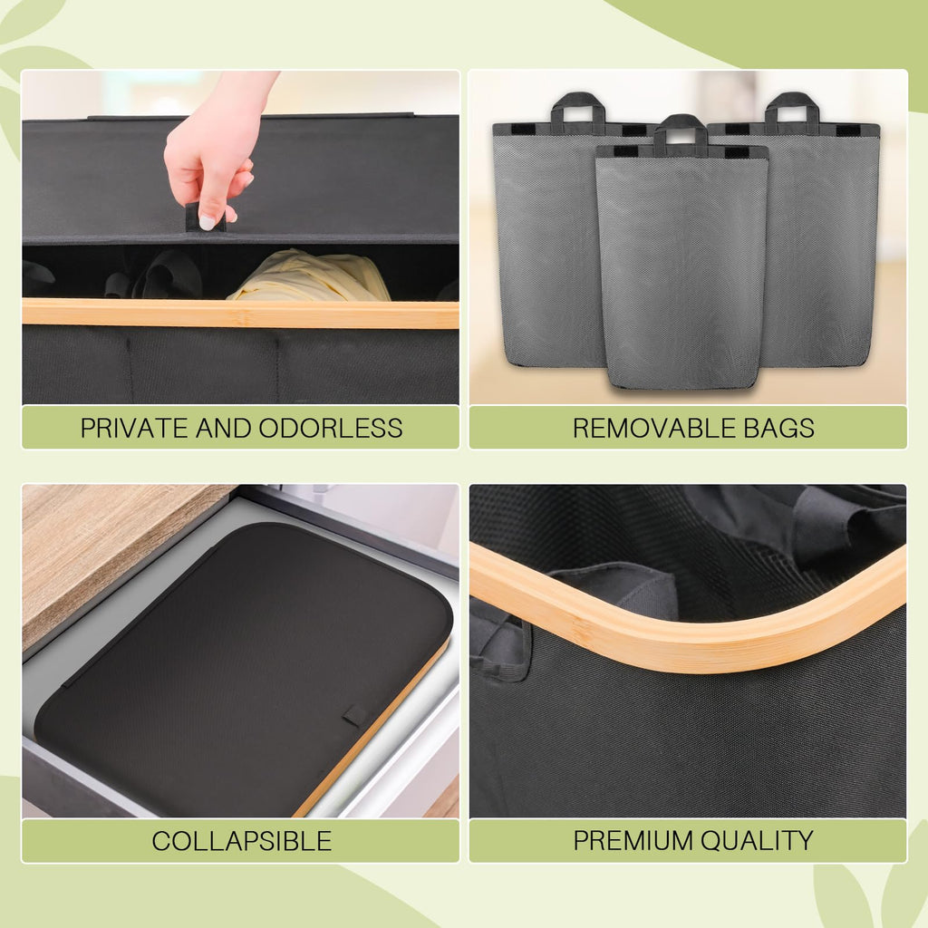 145L Laundry Hamper with Lid, 3 Section Laundry Basket with 3 Removable Bag