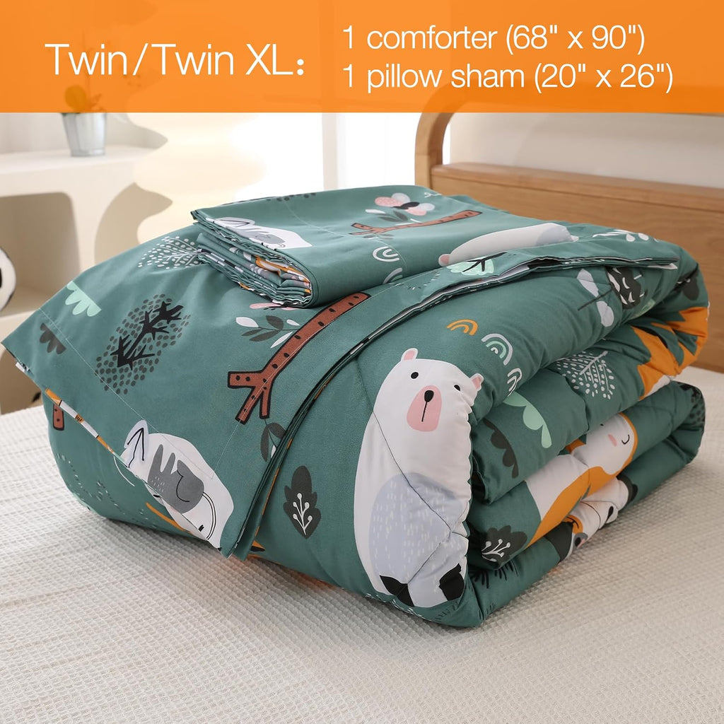 Green Forest Animals Kids Comforter Set Twin, 2 Piece Woodland Printed Microfiber Bedding Set, Machine Washable