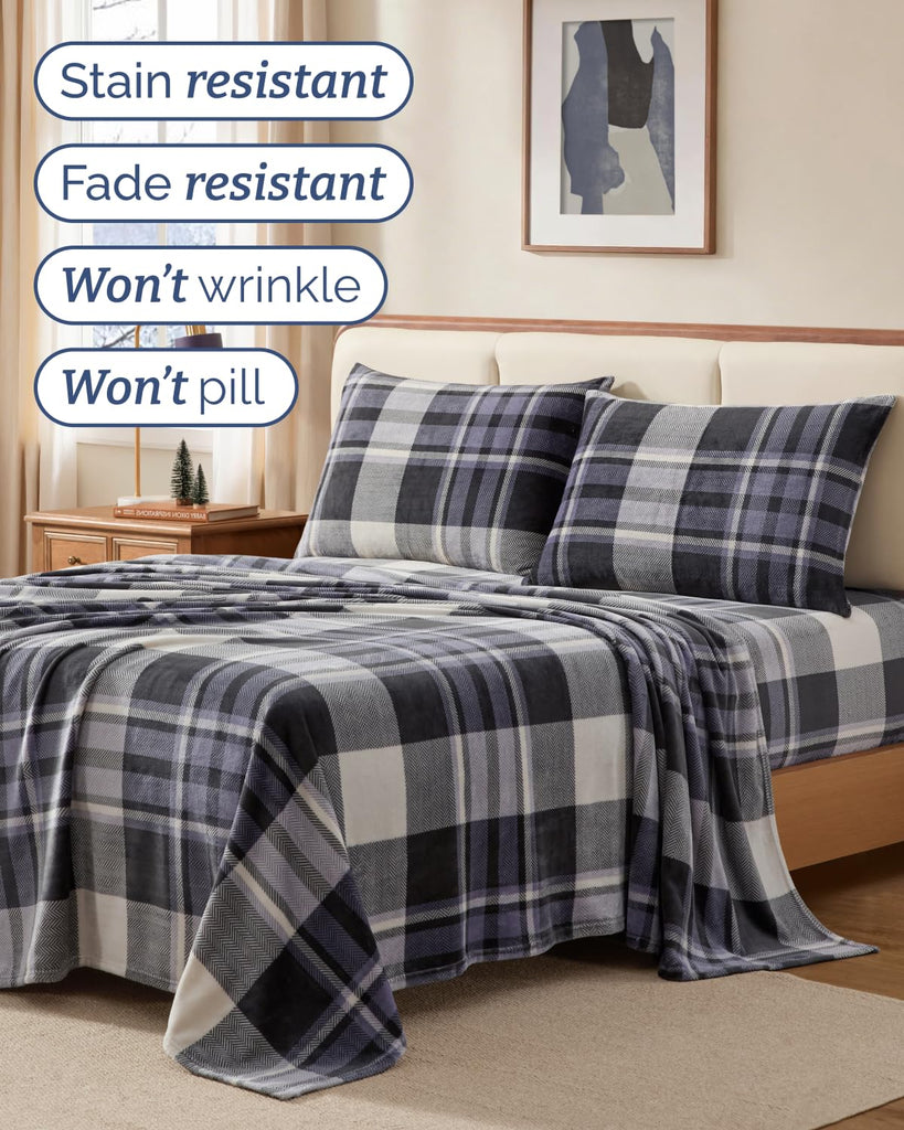 Fleece Sheets Set - 4-Piece Flannel Sheet Set - Grey Tartan