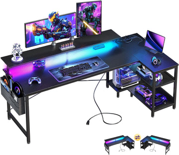 ODK 66 Inch L Shaped Gaming Desk with LED Lights, Power Outlets, Black