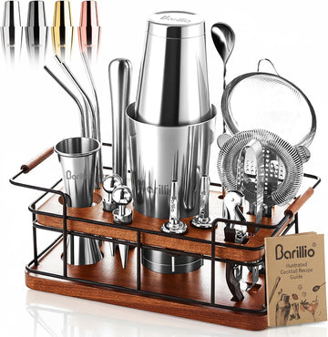 Bartender Kit - 23-Piece Stainless-Steel Cocktail Shaker Set with Premium African Mahogany Stand | Martini Barware