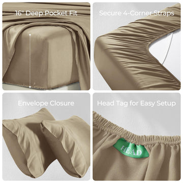 Taupe Silky-Soft Bamboo Sheets 4-Piece, 100% Rayon Made from Bamboo 300TC, Cooling Sheet for Hot Sleepers
