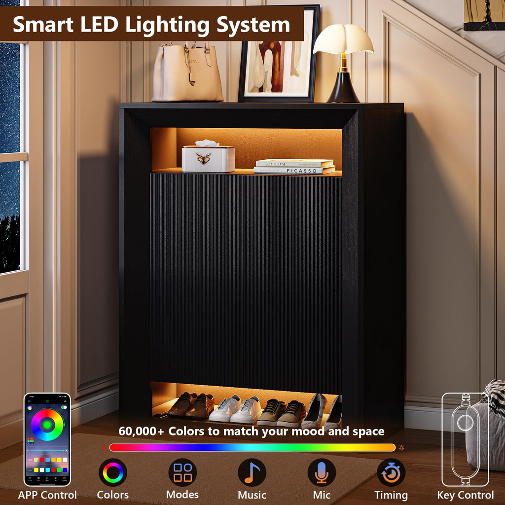 LED Shoe Cabinet w/App & Music Sync, Modern Shoe Storage Rack with Adjustable Shelves & Pull-Out Drawer, Entryway