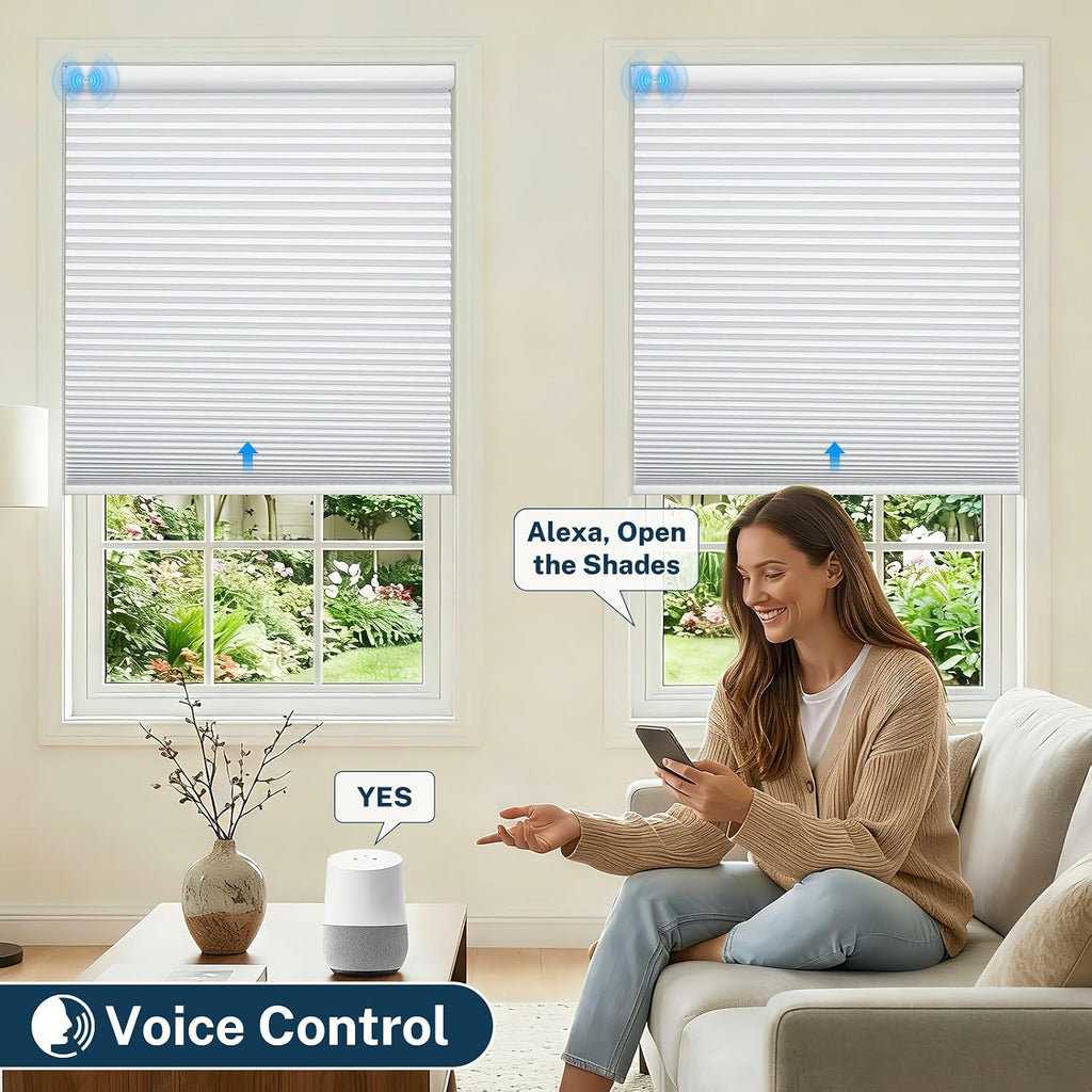 Motorized No Drill Cordless Cellular Shades, 1.5" Smart Electric Honeycomb Blind with Remote Control, Automatic No