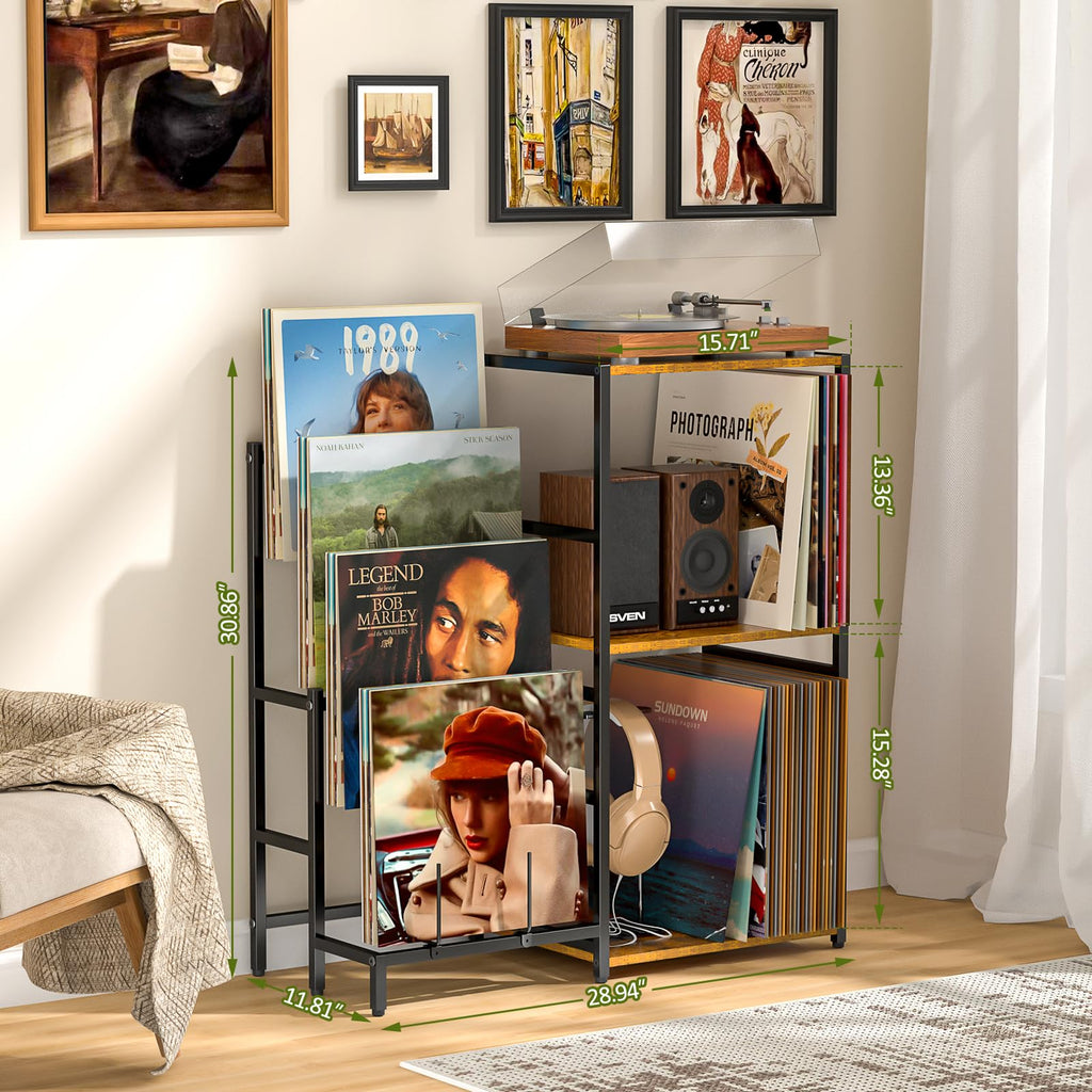 Record Player Stand, Turntable Stand with 4-Tier Vinyl Record Storage, Record Player Table Storage up to 200+ Albums