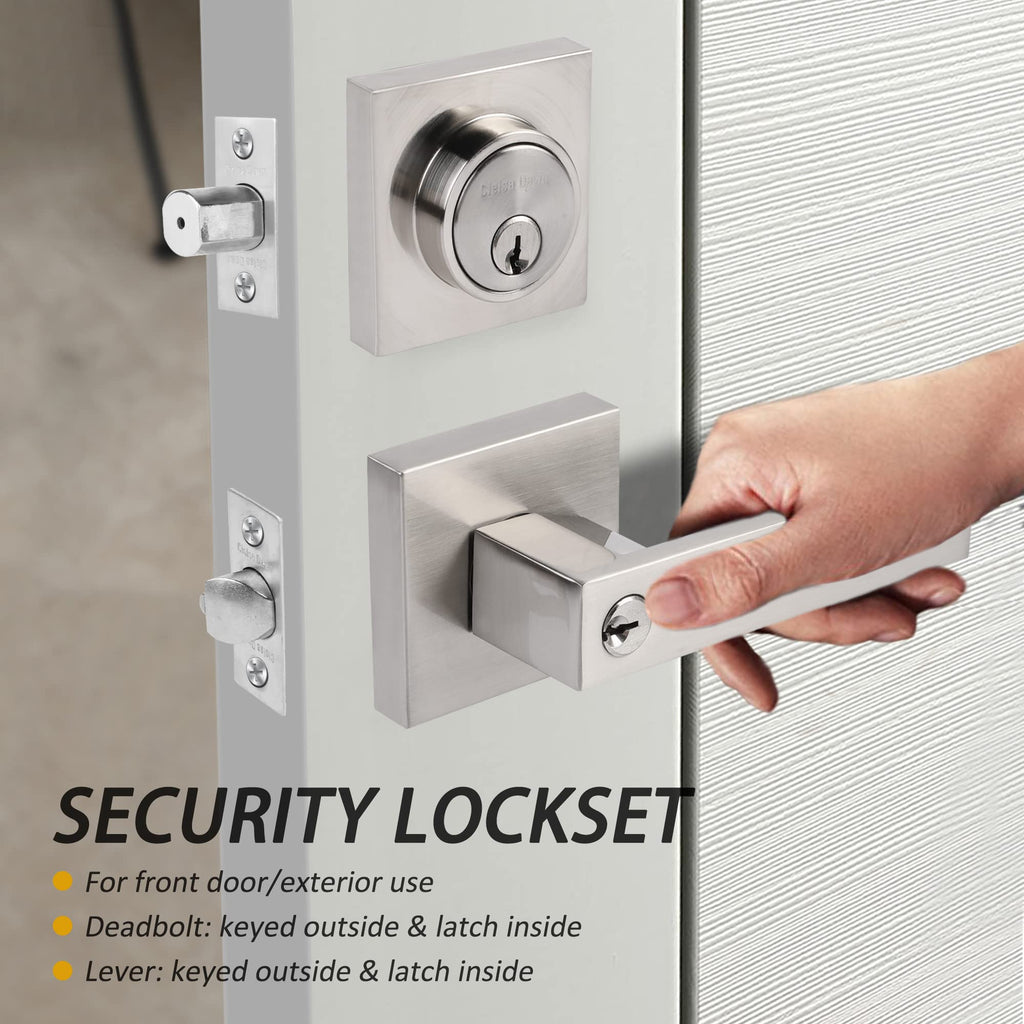 Exterior Door Lock Set with Deadbolt, Front Door Handle Set with Deadbolt, Door Levers Single Cylinder Deadbolt Set