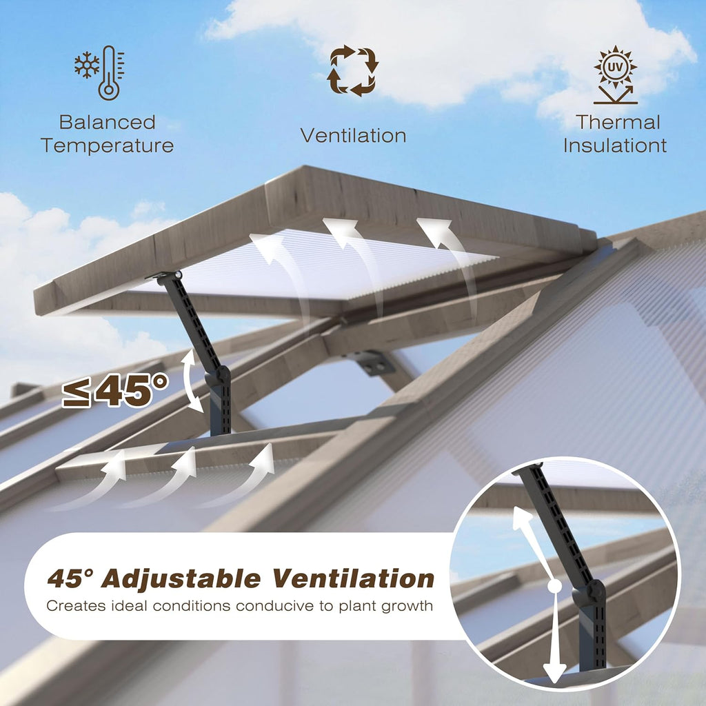 8x10 FT Greenhouse Kit with 6MM Thick Polycarbonate Panel for Outdoor, Wooden Walk-in Green House with Adjustable