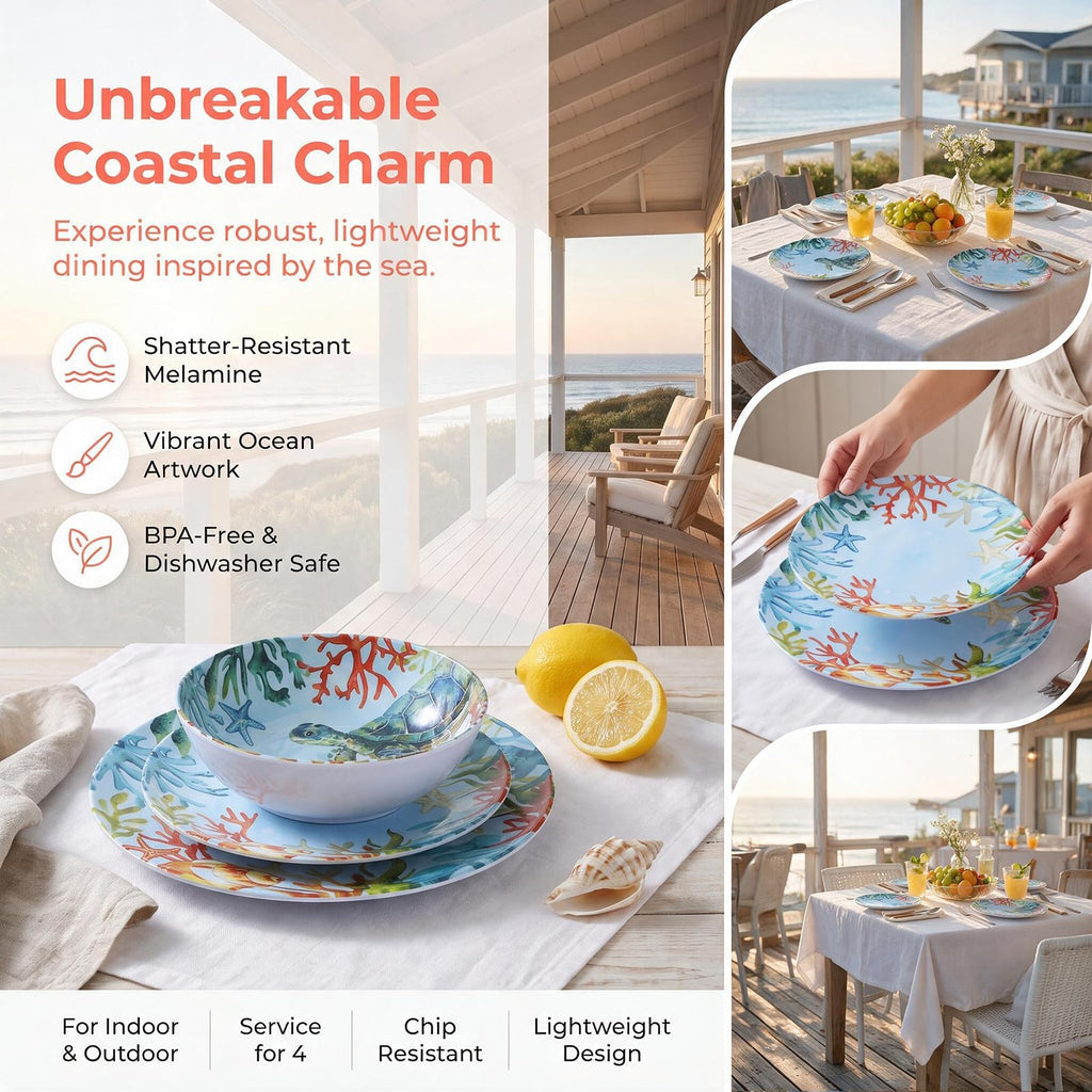 12-Piece Turtle Melamine Dinnerware Set, Ocean Plate and Bowl Sets