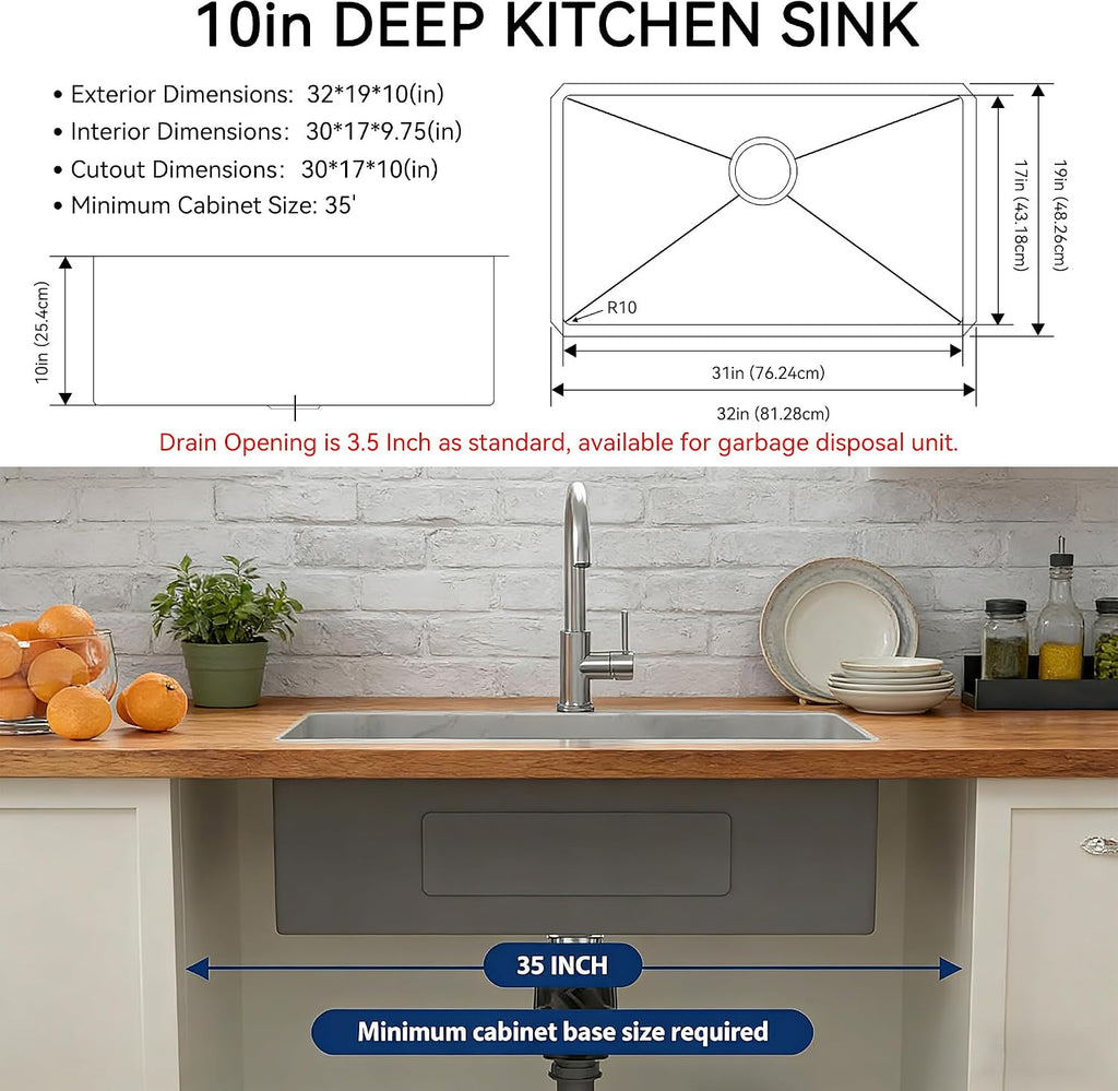 32 Inch Undermount Kitchen Sink, 16 Gauge Stainless Steel Workstation Sink | With Accessories, Single Bowl, Brushed