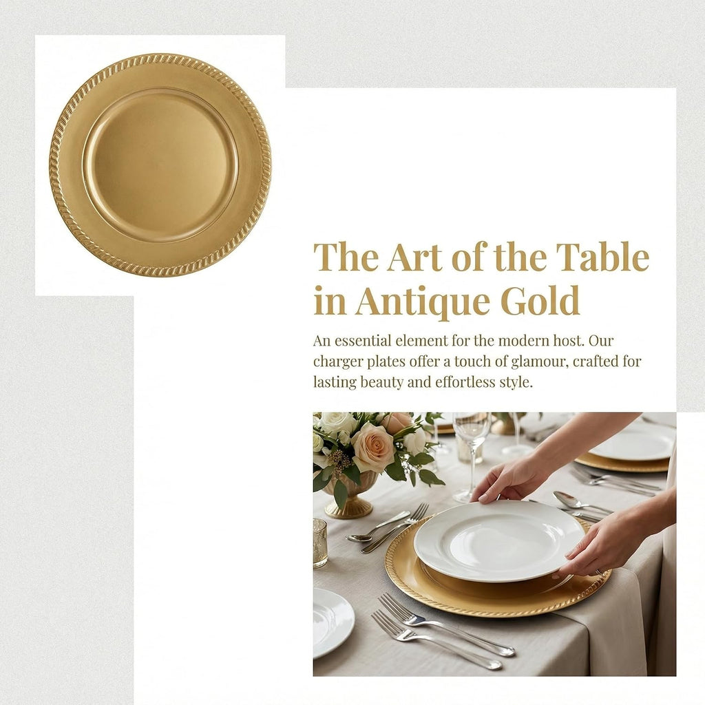 Plastic Gold Charger Plates, 13 Inch Reusable Round Beaded Charger Plates, Decorative Dinner Chargers Bulk - Set of 12