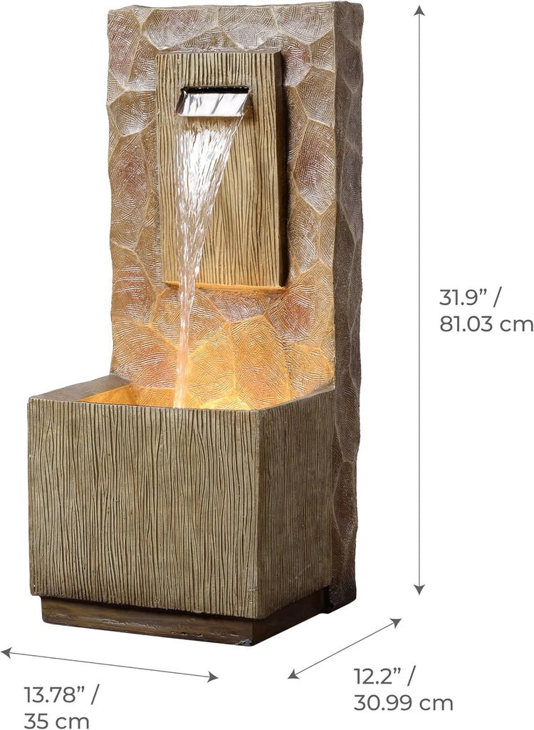 Spa Waterfall Outdoor Water Fountain - LED Light with Adjustable Flow & Electric Pump, Brown