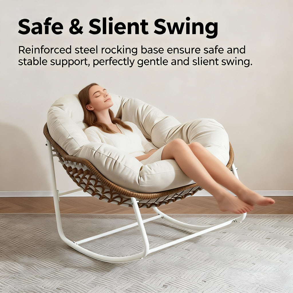 Oversized Outdoor Papasan Rocking Chair Set of 2 with Soft Cushion, Comfy Patio Egg Chair, Wicker Lounge Rocker for