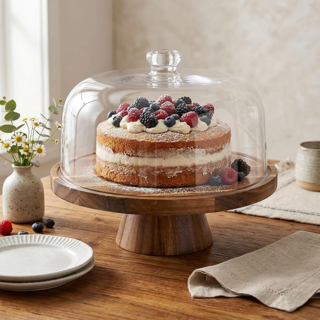 Acacia Wood Cake Stand with Lid 11.4" Charcuterie Board With Lid Multiuse Wooden Cake Stand with Dome Acrylic 6 in 1 - Set of 6