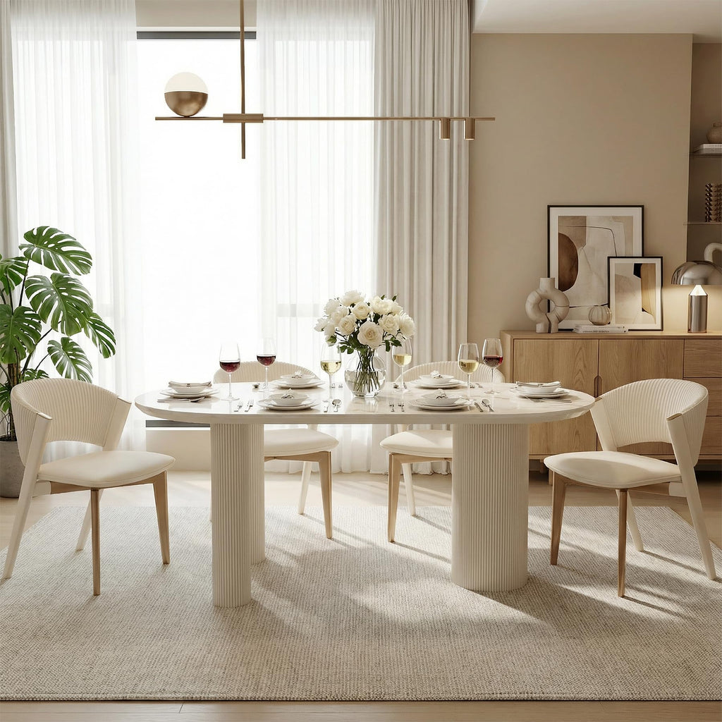 71'' Oval Dining Table for 6-8 People, Scandinavian Wood Dinner Kitchen Table with Sintered Stone Tabletop and Round