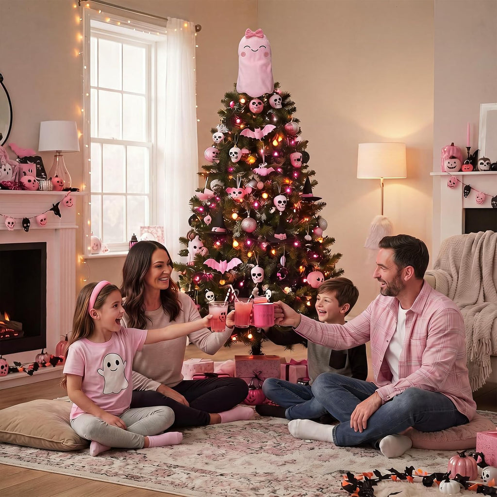 Halloween Pink Ghost Tree Topper Decor 10'' Velvet Smile Ghost