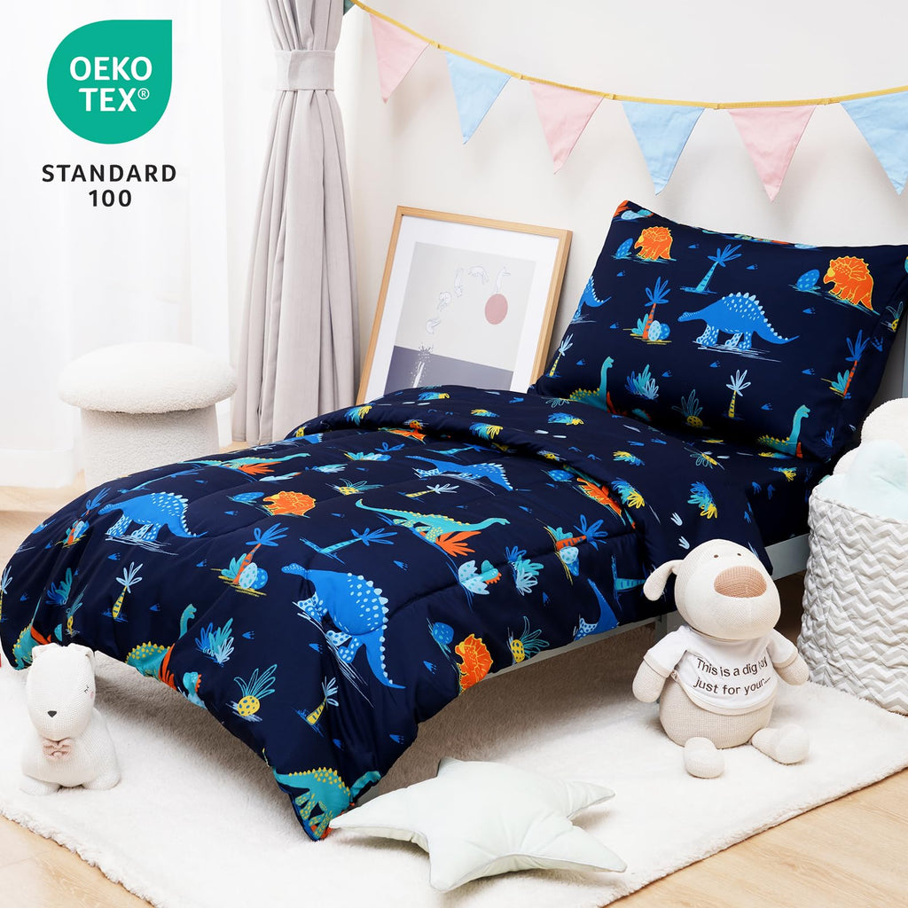 4 Piece Toddler Bedding Set - Soft Breathable Toddler Bedding Set for Boys Girls, Includes Quilted Comforter, Flat