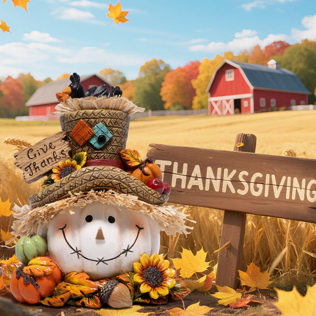 Thanksgiving Pumpkin Decorations, Resin Fall Autumn Figurine with Straw Hat, Birds, Acorns & Sunflowers, Give Thanks