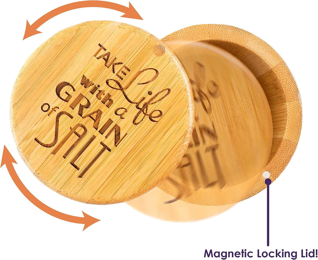 Salt Cellar Bamboo Storage Box with Magnetic Swivel Lid, 6 Ounce Capacity, "Take Life with a Grain of Salt" Engraved