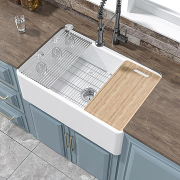30" x 20" Apron Front Farmhouse Workstation Kitchen Sink White | , Fireclay single bowl farm style, Easy to clean