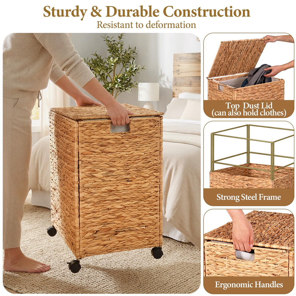Wicker Laundry Hamper with Lid & Wheel, Rattan Laundry Basket, 90L