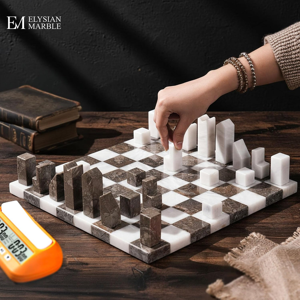 Modern Chess Set - Handcrafted Borderless Marble Chess Board with Minimalist Geometric Pieces, Luxury Decorative