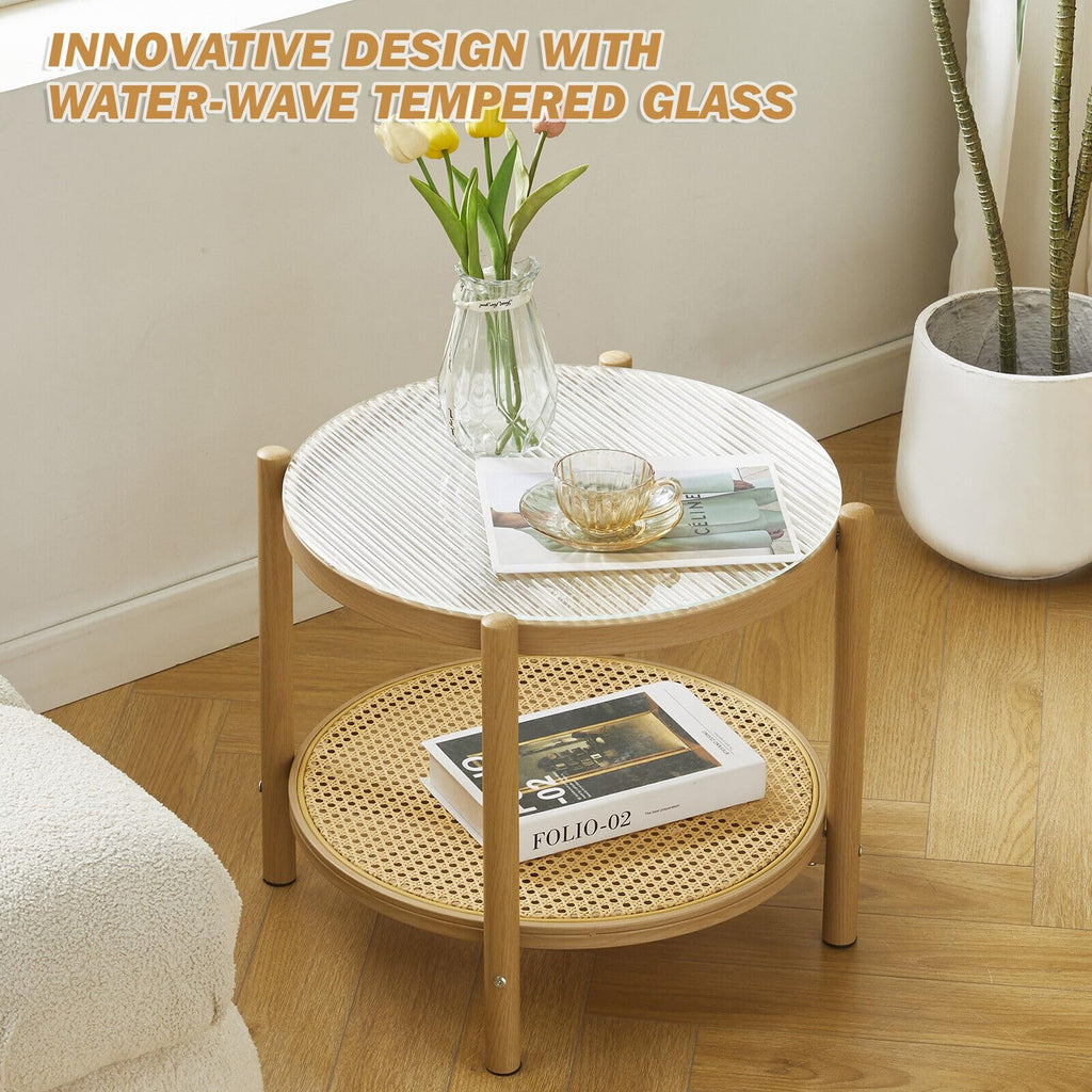 19.6" Boho Rattan Coffee Table, Round Tempered Glass Metal