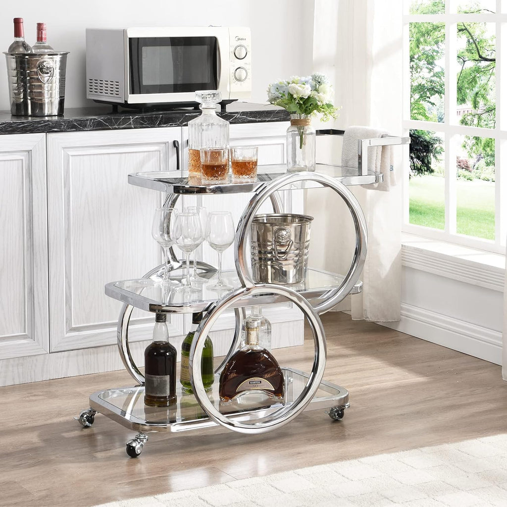 Home Bar Serving Carts 3 Tier Kitchen Carts on Wheels Mobile Bar Carts Kitchen Dining Room Living Room Party, Chrome