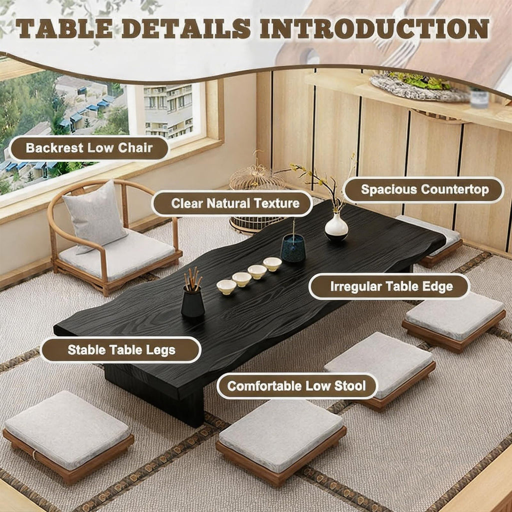 39" Solid Wood Japanese Floor Table, Low Dining Table for Floor Seating, Tatami Tea Table, Modern Chabudai Coffee