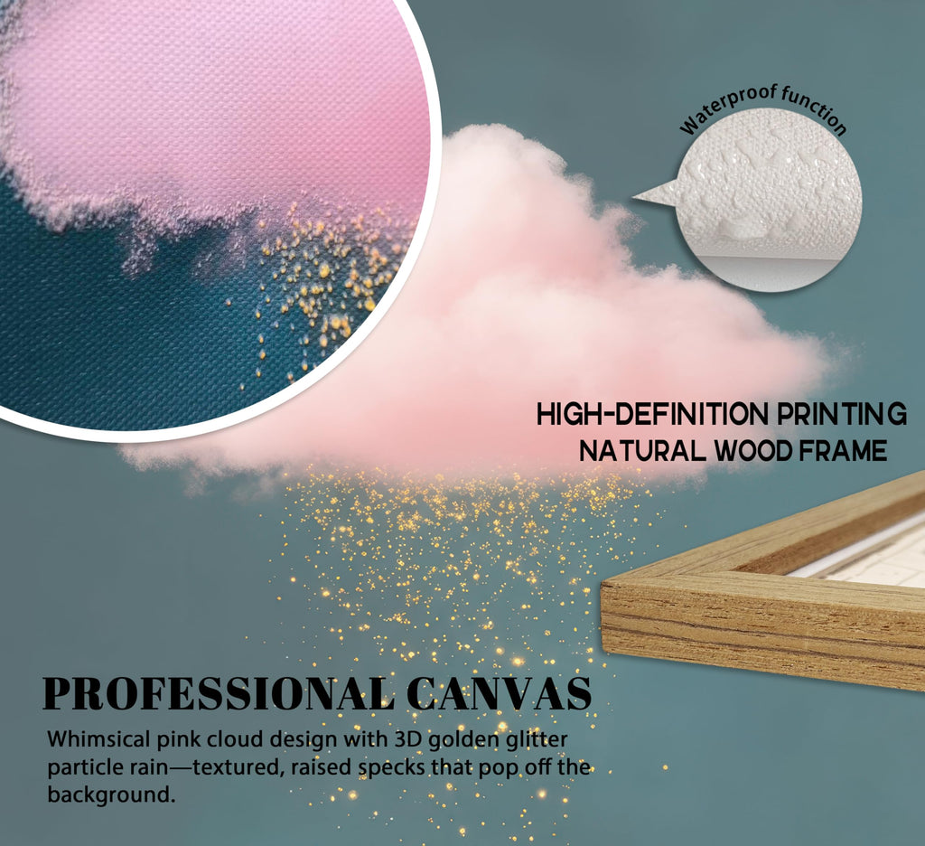 Framed 3D Textured Modern Minimalist Abstract Cloud Wall Art Golden Rain Canva Wall Deocr Pink Cloud Sky artwork