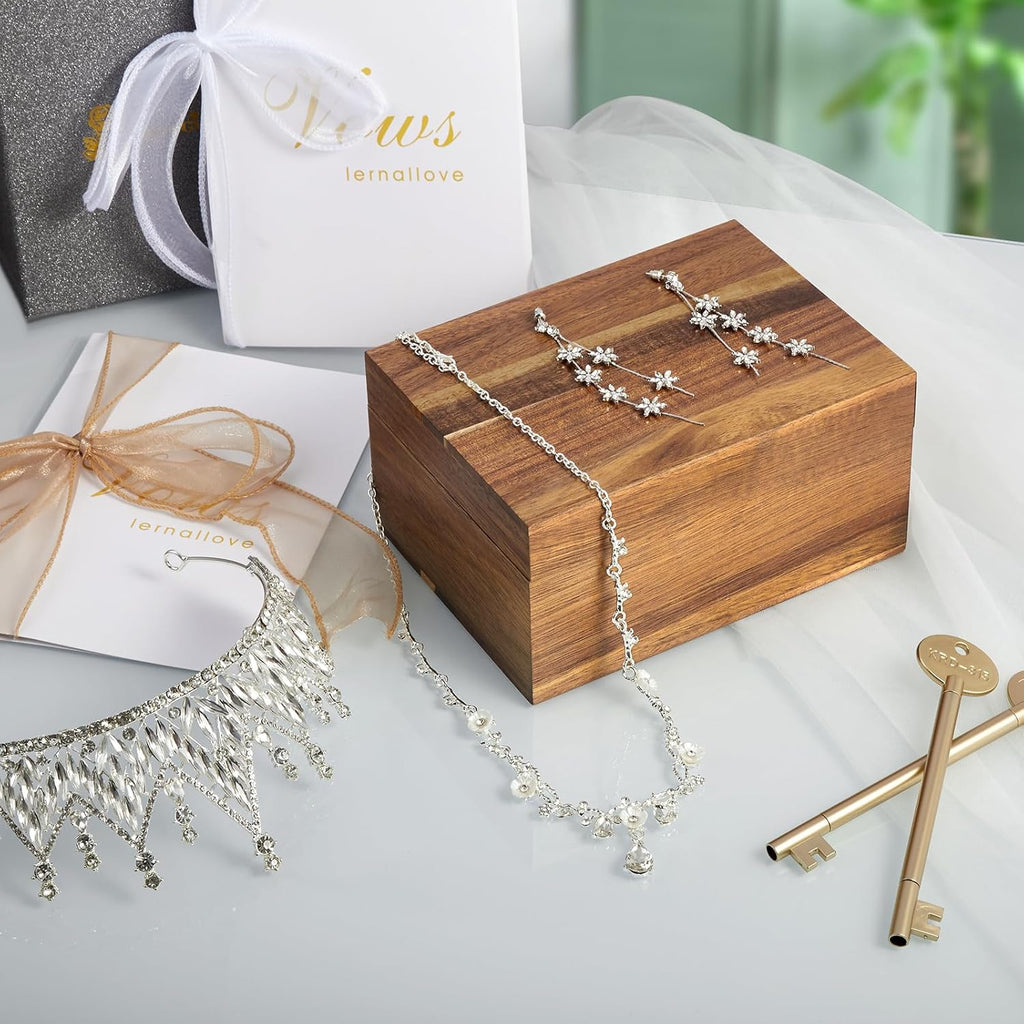 Keepsake Box, Acacia Wood Memory Box with Hinged Lids, Wooden Jewelry Box, Small Storage Box,3x5, 4x6 Decorative Card