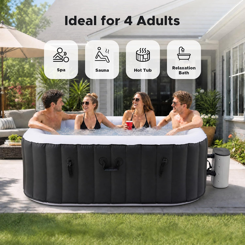 6ft Inflatable Hot Tub, 4-Person Outdoor Spa with 94 Air Jets & Heater | Square 40 °C Powerful Heating & Soothing