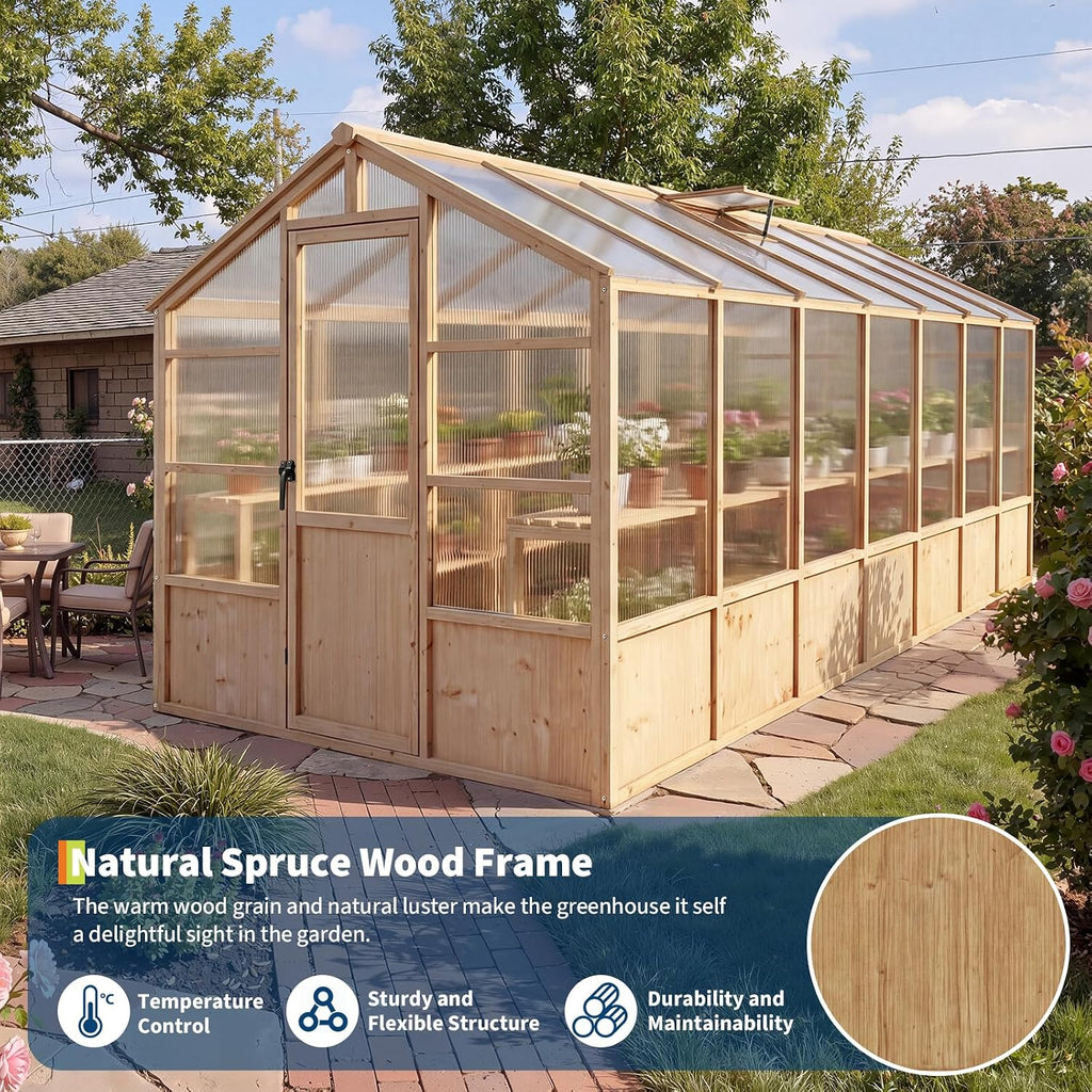 Heavy Duty Walk-in Wooden Greenhouse Kit, 4mm Polycarbonate Panels Green House with Adjustable Vents and Lockable