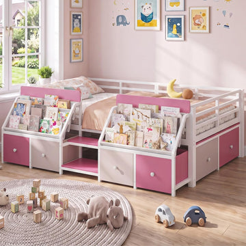 Montessori Kids Floor Bed with Guardrails & 6 Storage Drawers, Pink