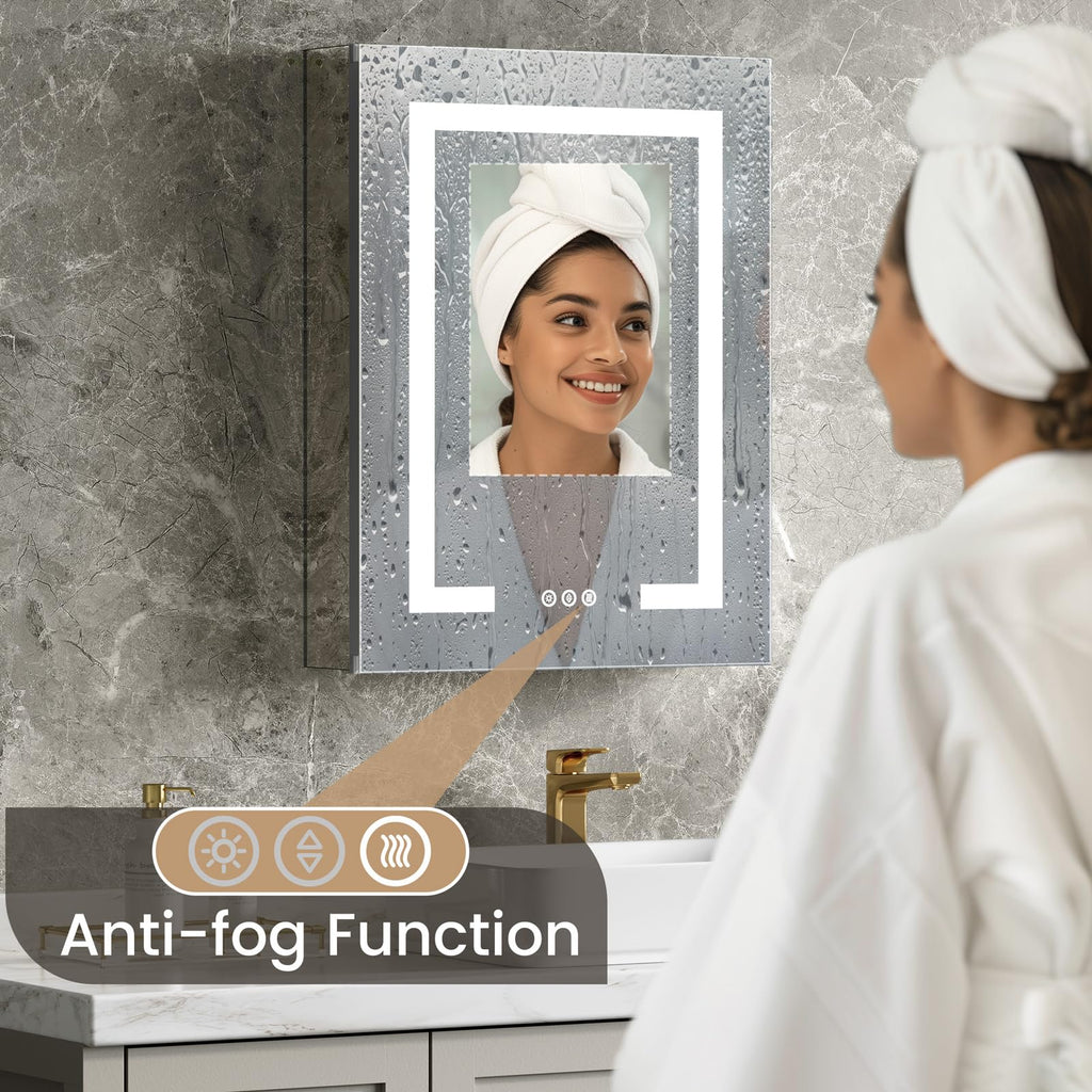 LED Lighted Medicine Cabinet with Mirror, Bathroom Mirror Cabinet with Lights, Outlet and USB, Recessed or Wall