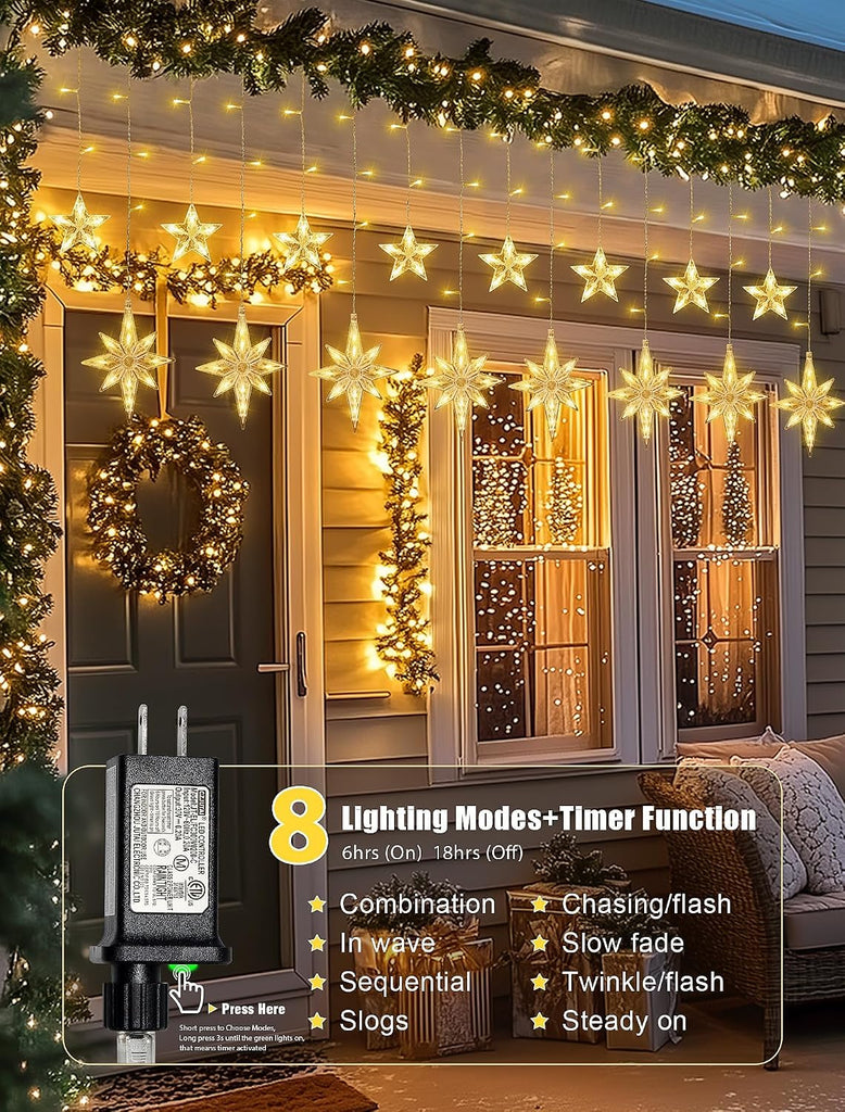 126 LED Star Icicle Lights,7.8ft Window Curtain Lights Plug