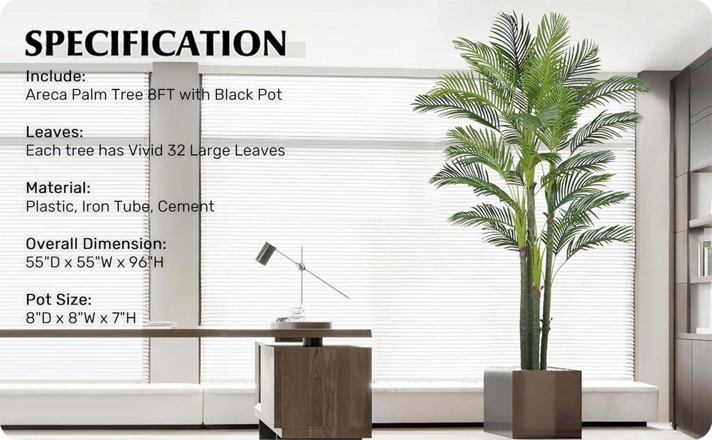 Artificial Areca Palm Tree 8FT with 32 Leaves Realistic Tall Large Fake Faux Tropical Silk Plant 96 Inch Black Pot
