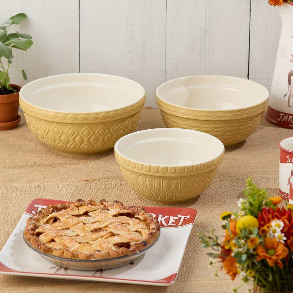 Vintage Farm Stoneware Mixing Bowl Set, 3-Piece, Includes 2 Qt, 3 Qt & 4.25 Qt Bowls, Embossed Patterns