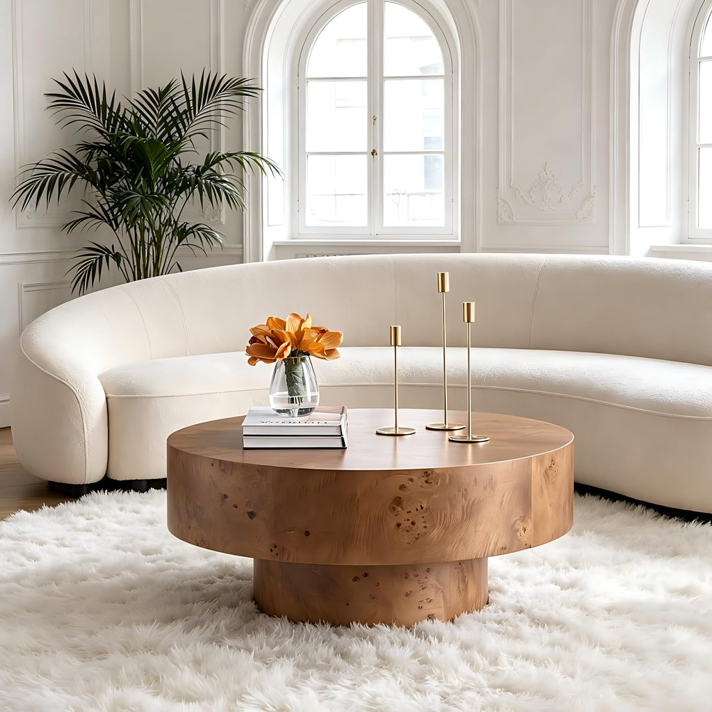 Round Coffee Table Wood, Modern Drum Burl Low Short Coffee Tables 31.49" W X 13.77''h Mid Century Wooden Pedestal