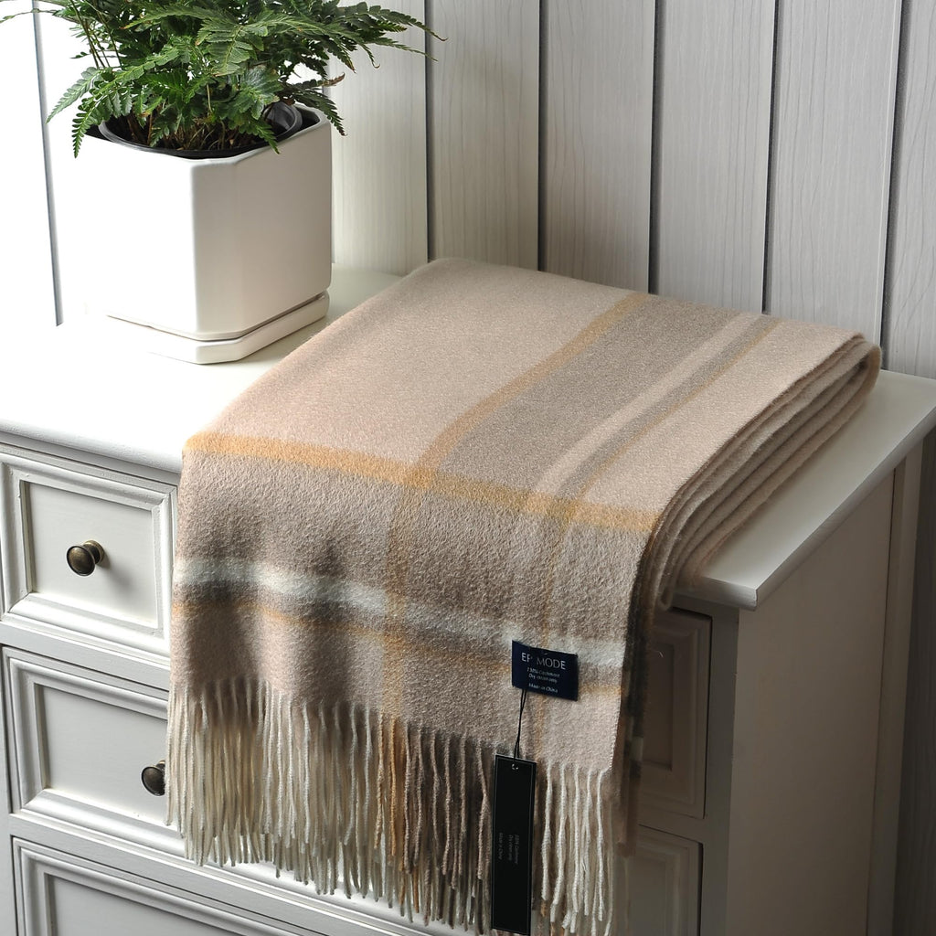 100% Pure Cashmere Throw Blanket for Sofa, Beige Border