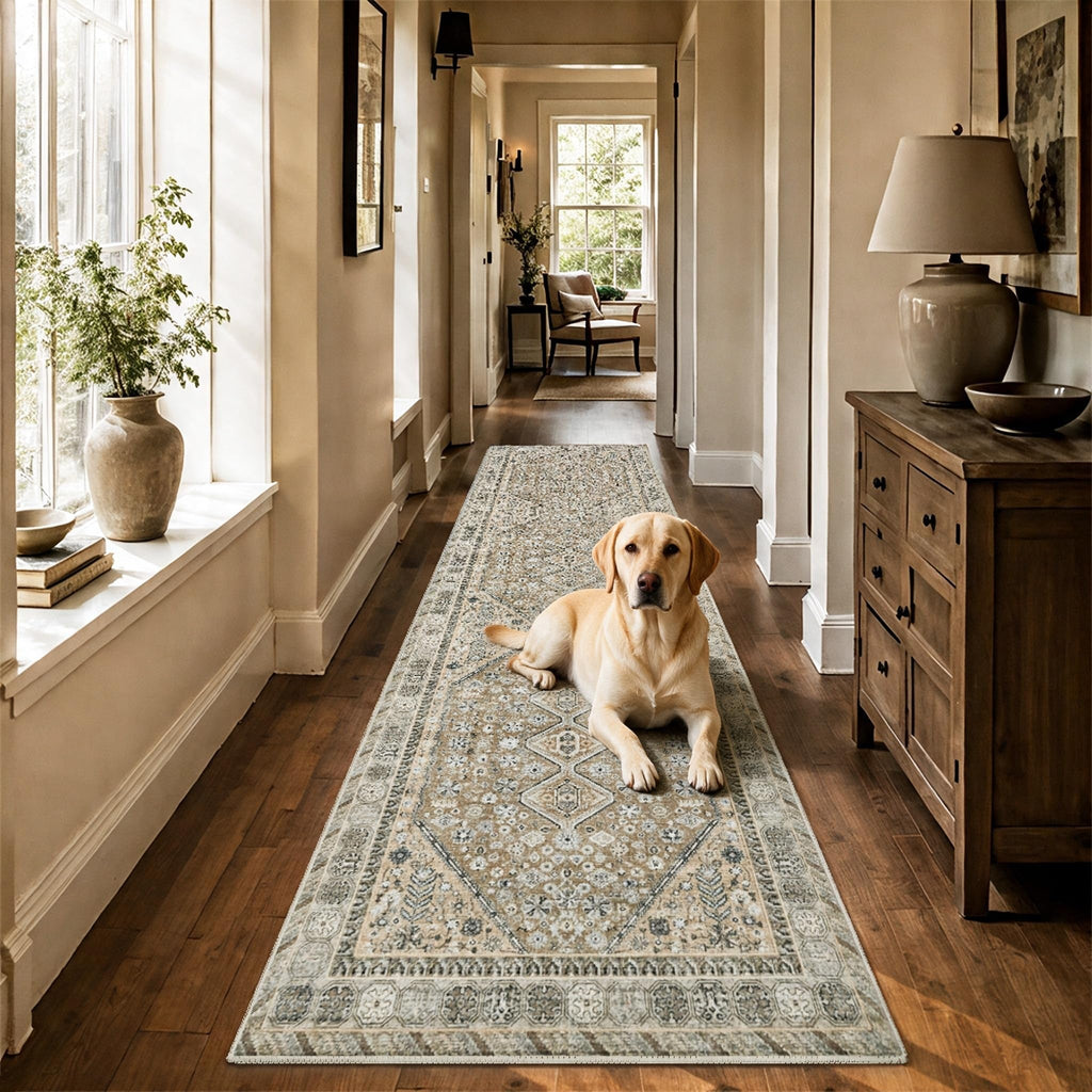 2'x8' Beige Brown Runner Rug, Washable Carpet