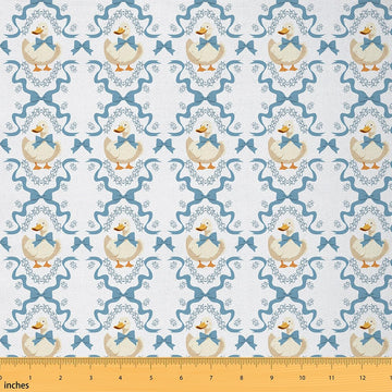 Cute Duck Animals Fabric by The Yard, Blue Bowknot Soft Polyester No Stretch, Watercolor Ribbon Knot Princess Style