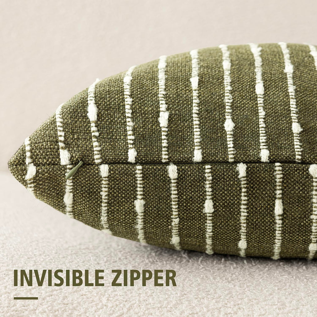Decorative Striped Boucle Throw Pillow Covers 24x24 Olive Green