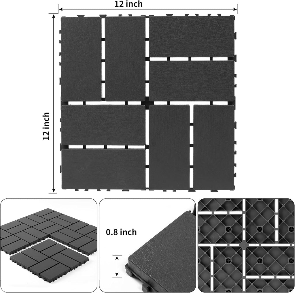 12"x12"Interlocking Plastic Deck Tiles, Pack of 44, Heavy Duty PP Patio Floor Tiles, Weather Resistant Modular Flooring