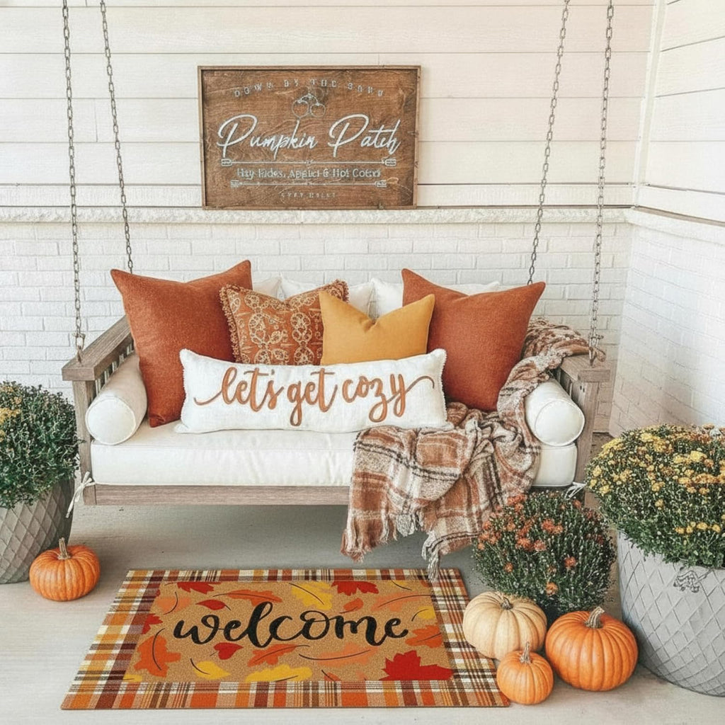 2 Pcs Fall Leaves Layered Doormats Fall Coir Welcome Mat | Non-slip Autumn Door Mat, Brown and White Plaid Rug