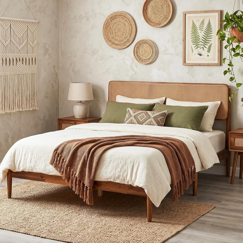 Rattan Queen Bed Frame, Boho Wood Platform Bed with Wicker Headboard, Wooden Mattress Foundation & Support Slats