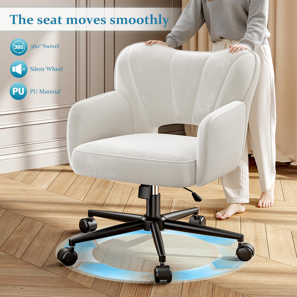 Vanity Chair with Wheels & White - Adjustable Height Makeup Chair, Plush Velvet Seat with Curved Backrest for Women