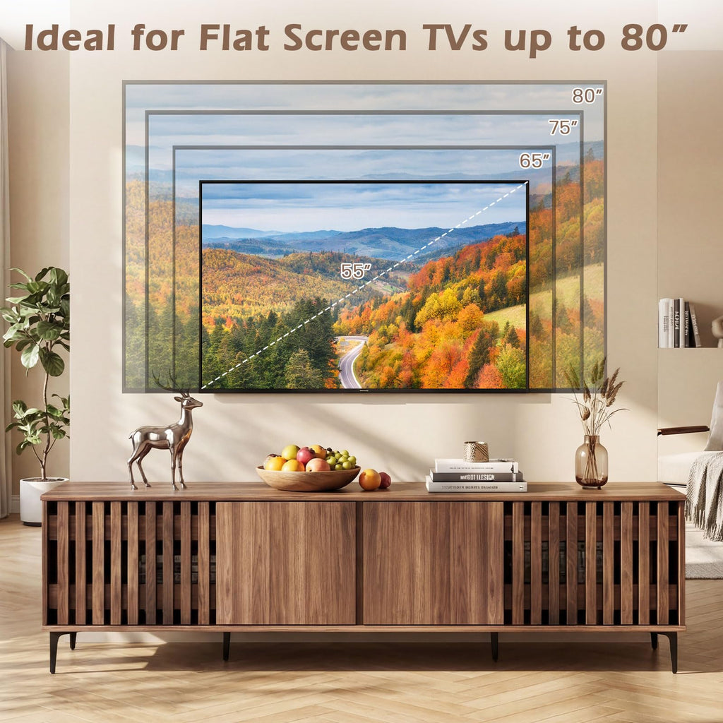 4-Door Slatted TV Stand for 80 Inches TVs, Mid Century Modern Entertainment Center with 4 Storage Cabinets, Wooden TV