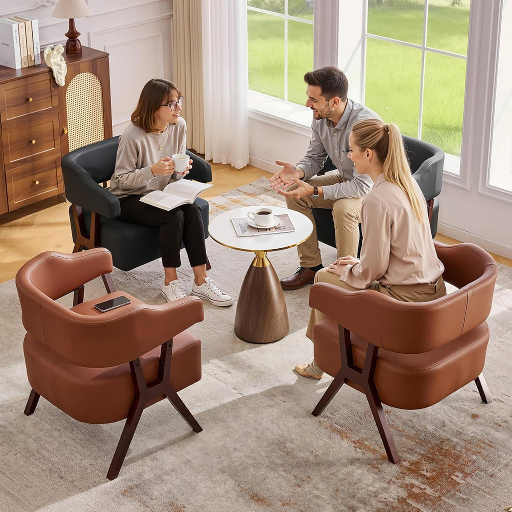Barrel Accent Chairs, Leather Chair with Solid Wood Frame (2, Black) - Set of 2