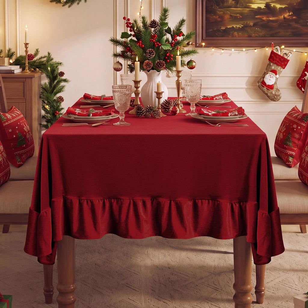 Ruffled Rectangle Tablecloth, 60 x 102 Inch Christmas Red
