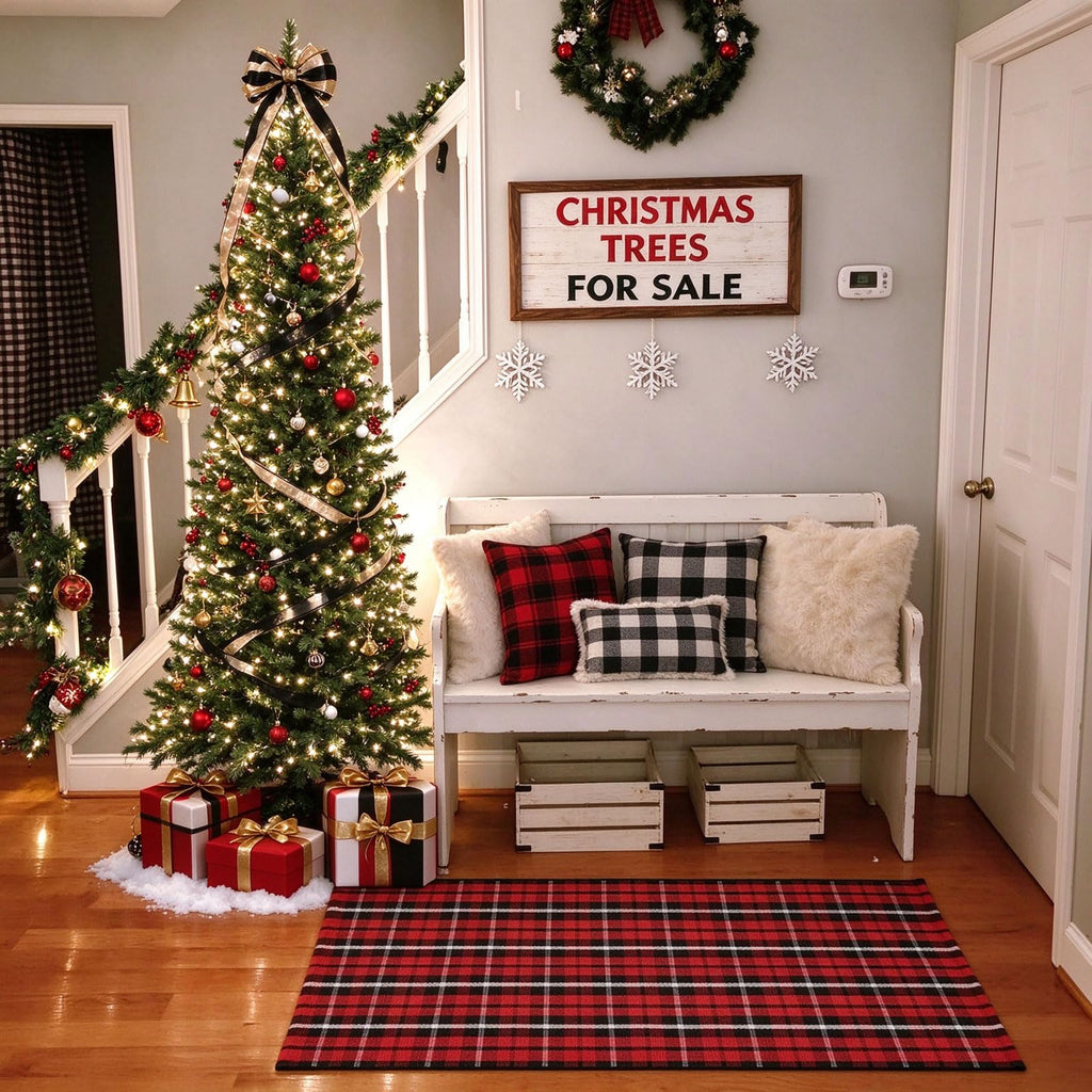 Christmas Door Mat Buffalo Plaid Outdoor Rug Christmas Decor Welcome Rug Cotton Hand-Woven Layered Door Mats for